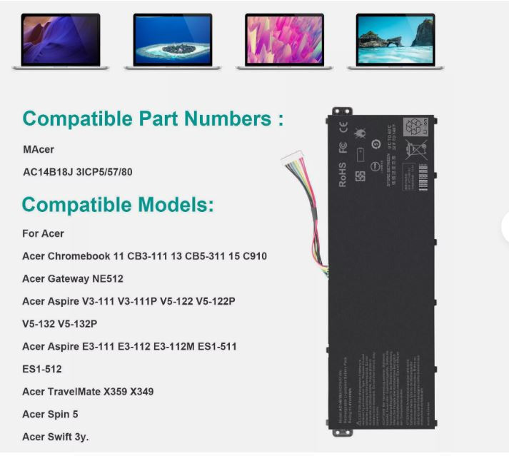 AC14B18J Laptop Notebook Battery For Acer Aspire E3-721, E5-771, E5-771G, ES1-311,ES1-511,ES1-512, Series P/N : 3ICP5/57/80